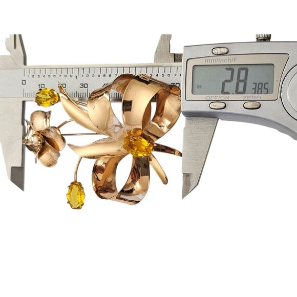 Sterling By Jordan Uranium Glass Rhinestone Flower Brooch Gold Vermeil Pin, L957 - Picture 10 of 11